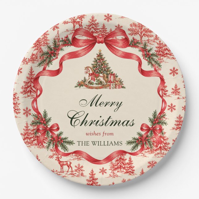 Red Coquette Bow Script Christmas Tree Party Paper Plate (Front)