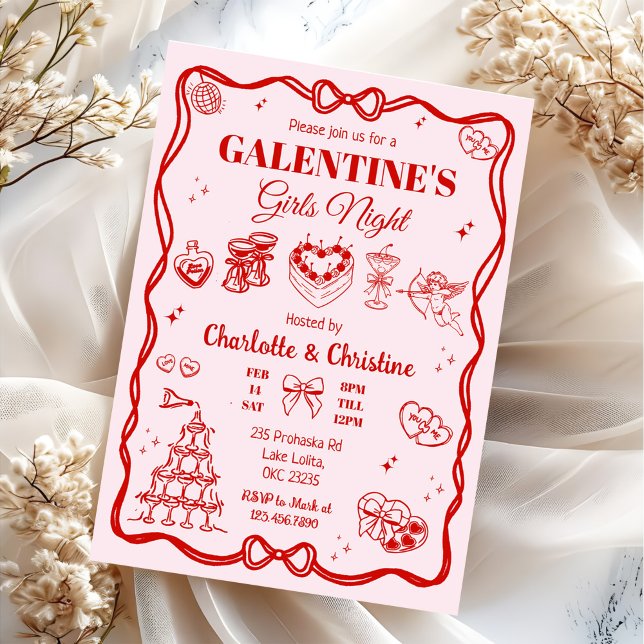 Red Coquette Galentine's Girls Night Party Invitation (Creator Uploaded)