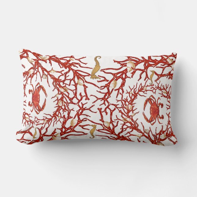 Red Coral, Crabs, and Seahorses Lumbar Cushion (Front)