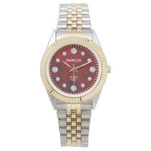 Red Coral Diamond Dial Custom Name Gift Watch