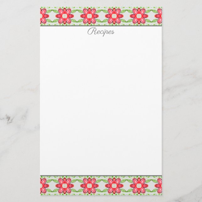 Red Coral Floral Patterned Recipe Sheets Stationery (Front)