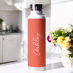Red Coral Handwritten Text Elegant Water Bottle