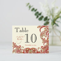 Red Coral Lime Paisley Wedding Table Number