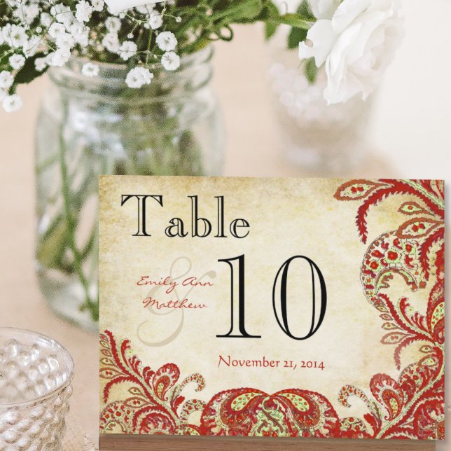 Red Coral Lime Paisley Wedding Table Number Postcard (Creator Uploaded)