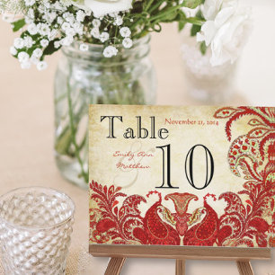 Red Coral Lime Paisley Wedding Table Number Postcard