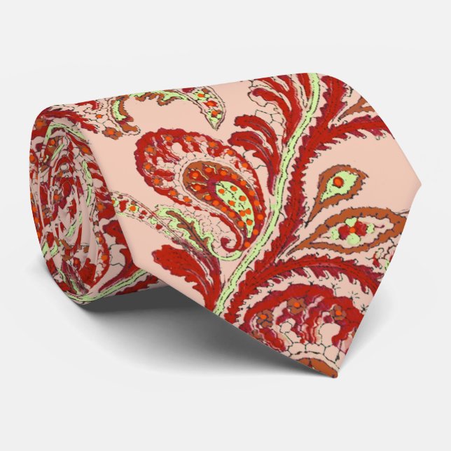 Red Coral Lime Paisley Wedding Tie (Rolled)