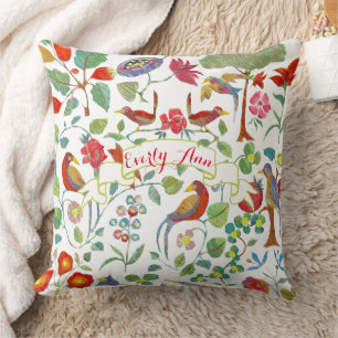 Red Coral Lime Pink Lilac Floral Bird Pattern Cushion