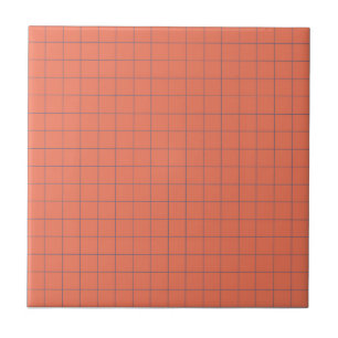 Red Coral & Navy Blue Chequered Pattern Retro Ceramic Tile