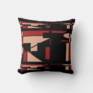 Red Coral on Black MCM Southwest Look Abstract Cushion