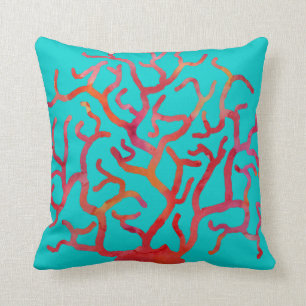 Red Coral on Turquoise Cushion