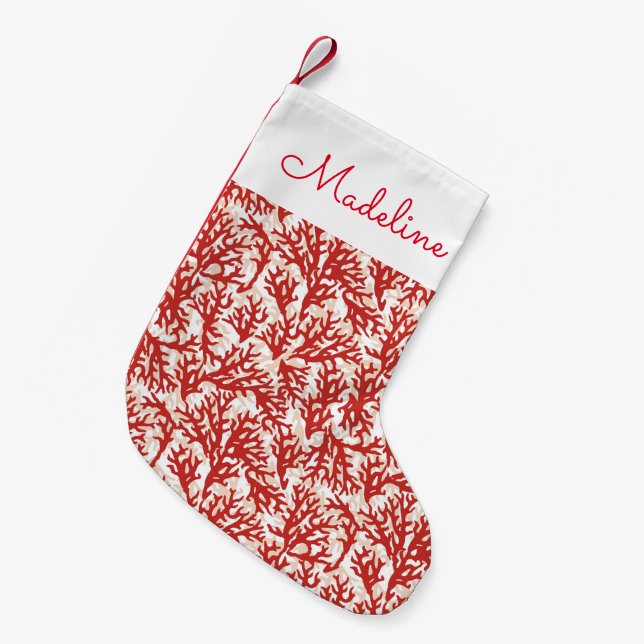 Red Coral Pattern | Add Your Name Small Christmas Stocking (Front (Hanging))