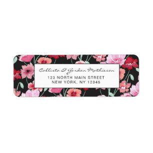 Red Coral Pink Black Watercolor Flowers Pattern Return Address Label