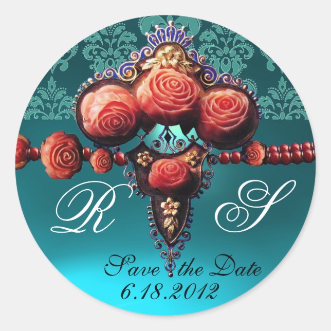 RED CORAL ROSES,AQUA BLUE BLACK DAMASK MONOGRAM CLASSIC ROUND STICKER (Front)