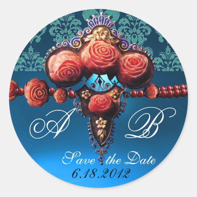 RED CORAL ROSES,AQUA BLUE BLACK DAMASK MONOGRAM CLASSIC ROUND STICKER (Front)
