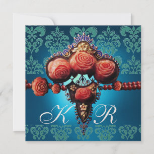 RED CORAL ROSES,AQUA BLUE BLACK DAMASK MONOGRAM INVITATION