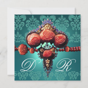RED CORAL ROSES,AQUA BLUE BLACK DAMASK MONOGRAM INVITATION