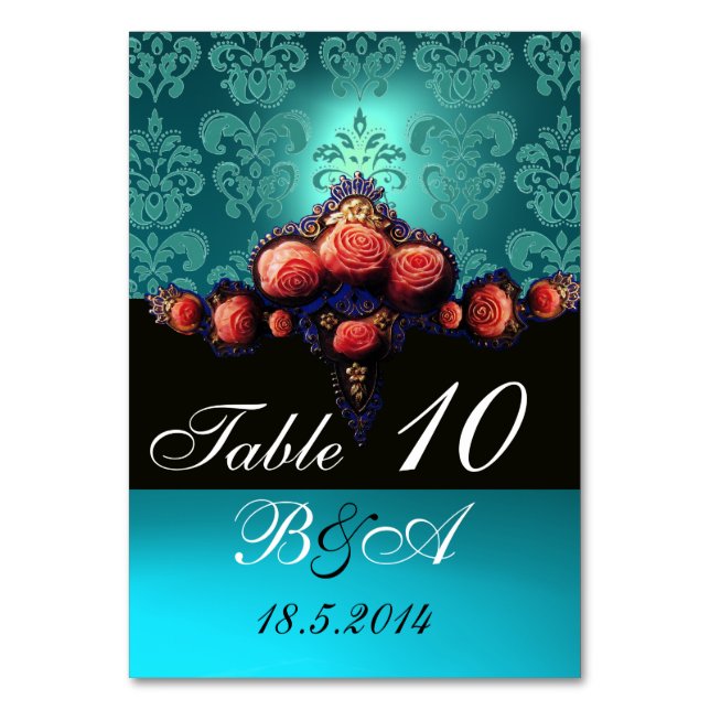 RED CORAL ROSES,AQUA BLUE BLACK DAMASK MONOGRAM TABLE NUMBER (Front)