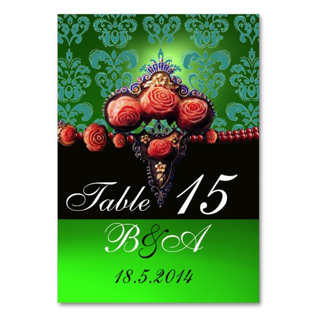 RED CORAL ROSES,BLACK BLUE GREEN DAMASK MONOGRAM TABLE NUMBER (Back)