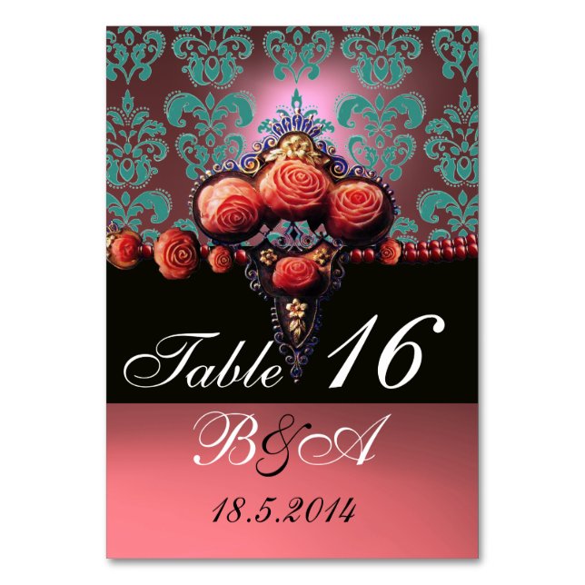 RED CORAL ROSES,BLACK BLUE PINK DAMASK MONOGRAM TABLE NUMBER (Front)