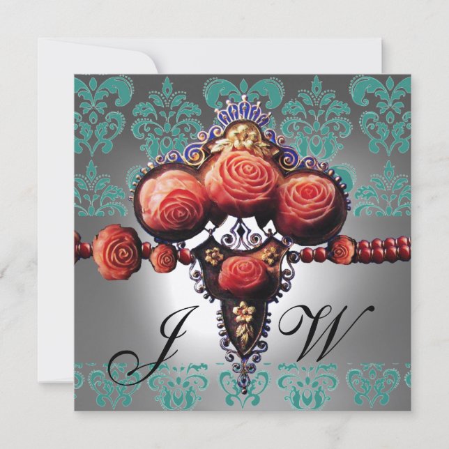 RED CORAL ROSES,BLACK GREEN WHITE DAMASK MONOGRAM INVITATION (Front)
