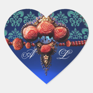 RED CORAL ROSES, BLUE BLACK DAMASK HEART MONOGRAM STICKER