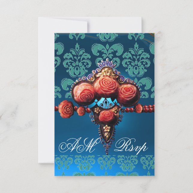 RED CORAL ROSES,BLUE BLACK DAMASK MONOGRAM RSVP (Front)