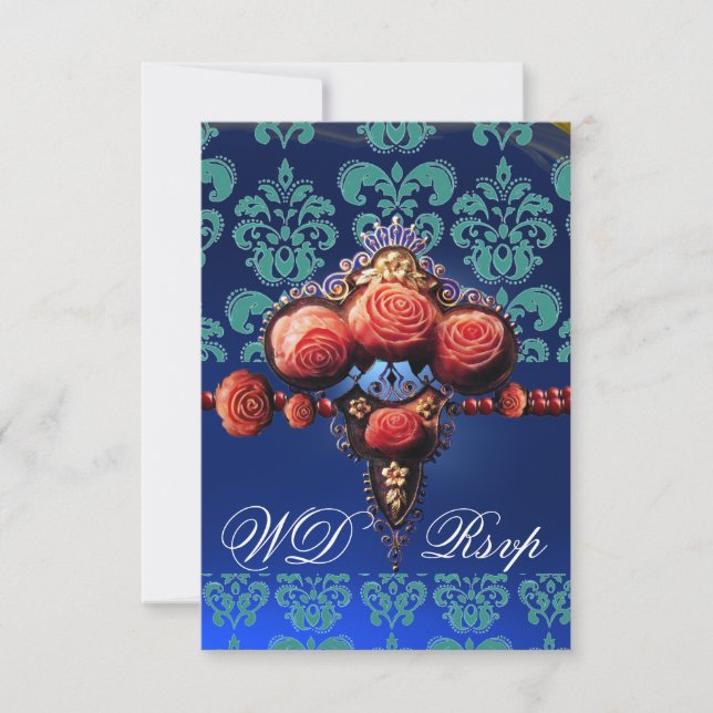 RED CORAL ROSES,BLUE BLACK DAMASK MONOGRAM RSVP (Front)
