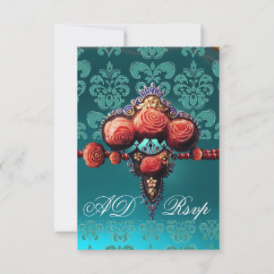 RED CORAL ROSES,BLUE BLACK DAMASK MONOGRAM RSVP CARD