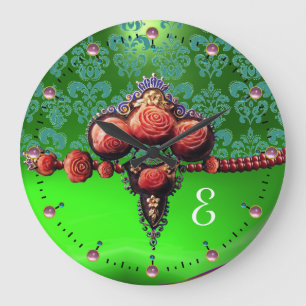 RED CORAL ROSES,BLUE EMERALD GREEN DAMASK MONOGRAM LARGE CLOCK