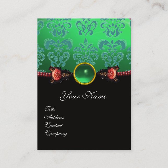 RED CORAL ROSES,BLUE GREEN BLACK DAMASK MONOGRAM BUSINESS CARD (Front)