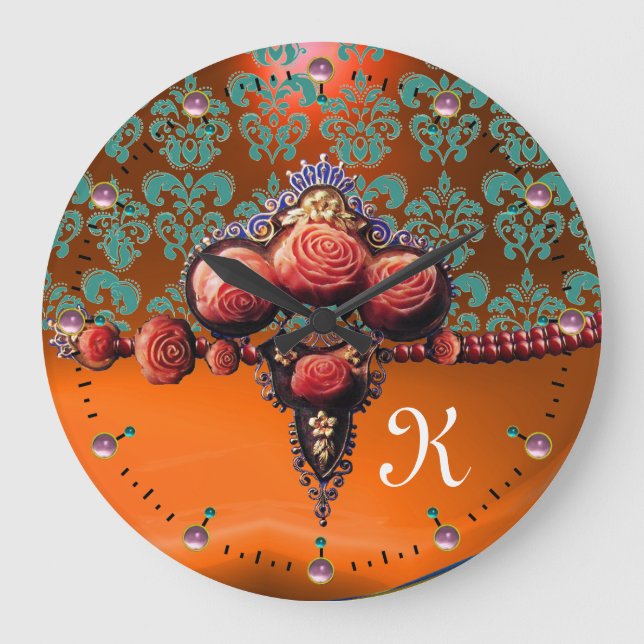 RED CORAL ROSES, BLUE ORANGE DAMASK MONOGRAM LARGE CLOCK (Front)