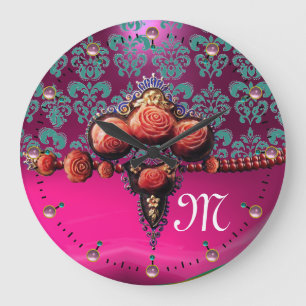 RED CORAL ROSES, BLUE PINK FUCHSIA DAMASK MONOGRAM LARGE CLOCK