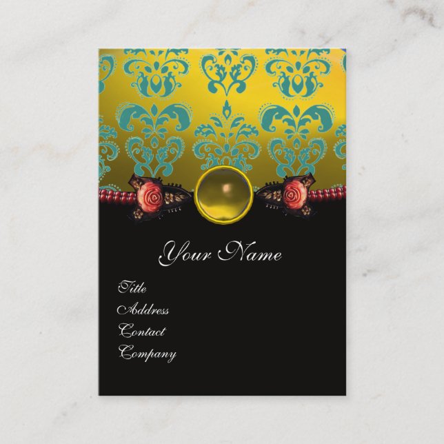 RED CORAL ROSES,GREEN YELLOW BLACK DAMASK MONOGRAM BUSINESS CARD (Front)