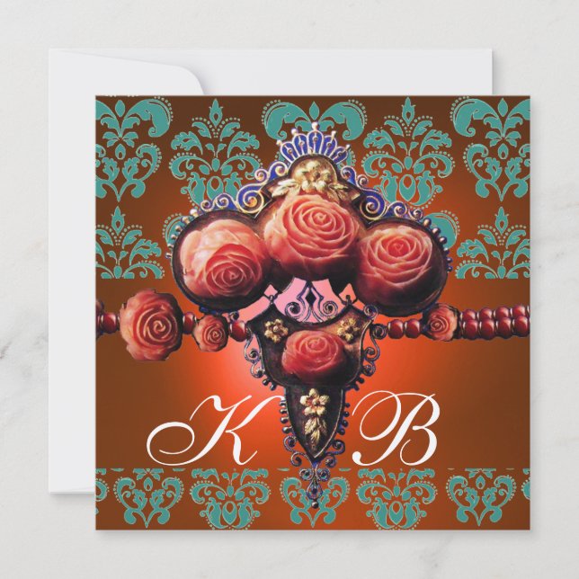 RED CORAL ROSES,ORANGE BLUE GOLD DAMASK MONOGRAM INVITATION (Front)