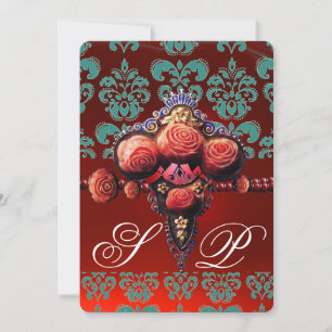 RED CORAL ROSES, TEAL BLUE BLACK DAMASK MONOGRAM INVITATION