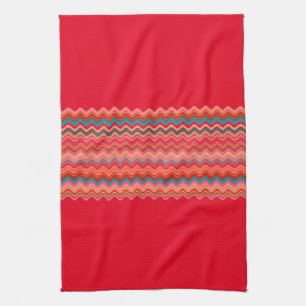RED Coral Salmon Orange Turquoise Zigzag Pattern Tea Towel