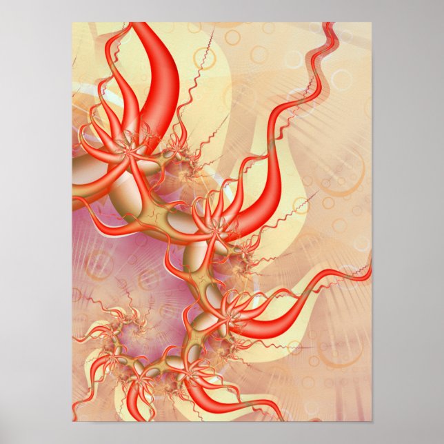 Red Coral Tendrils Abstract Fractal Art Poster (Front)