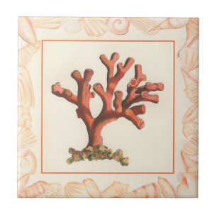 Red Coral with Conch Shell Border Ceramic Tile