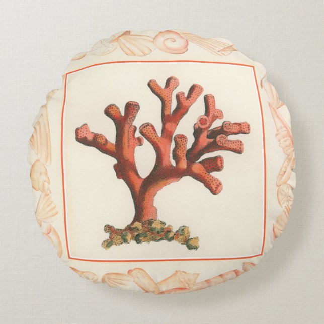 Red Coral with Conch Shell Border Round Cushion (Front)