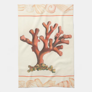 Red Coral with Conch Shell Border Tea Towel