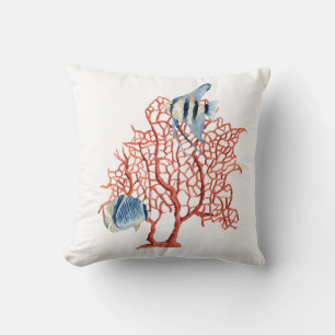 Red Coral with Tropical Fish, Angelfish Watercolor Cushion