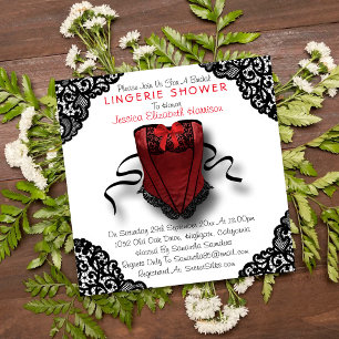 Red Corset & Black Lace Lingerie Shower Invitation