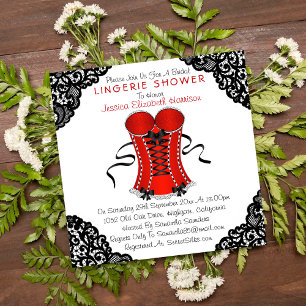 Red Corset & Black Lace Lingerie Shower Invitation