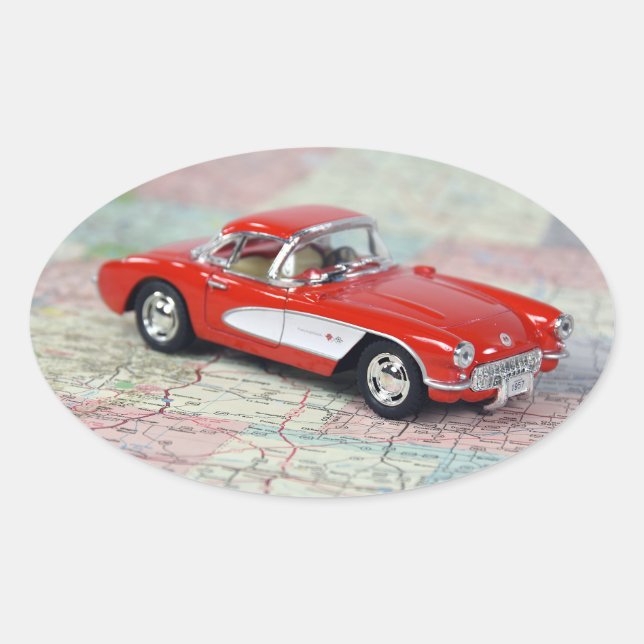 Red Corvette on Road Map Oval Sticker (Front)