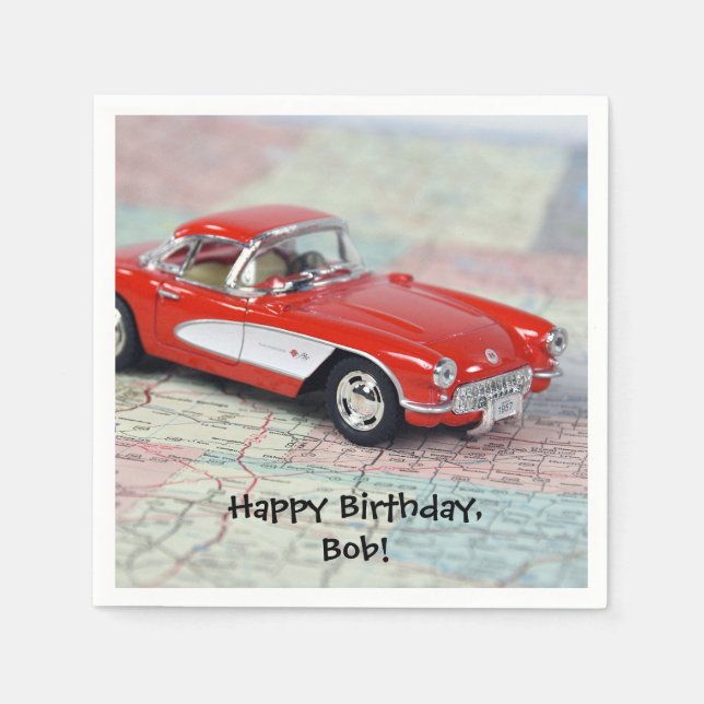 red corvette sports car on road map-Birthday Napkin (Front)