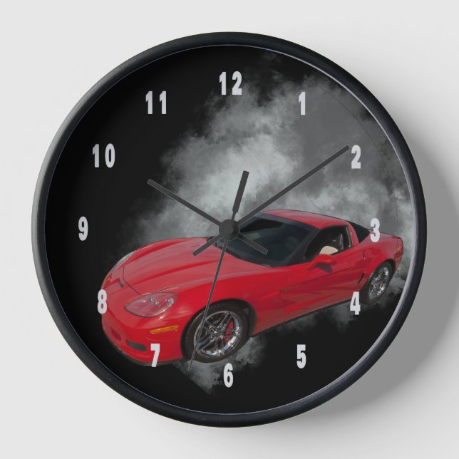 Red Corvette with Grey smoke removable background Clock (Front)