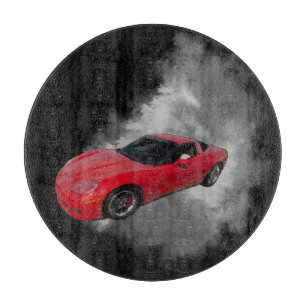 Red Corvette with Grey smoke removable background Cutting Board