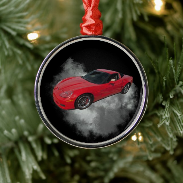 Red Corvette with Grey smoke removable background Metal Ornament (Tree)