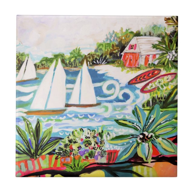 Red Cottage by the Bay II Ceramic Tile (Front)