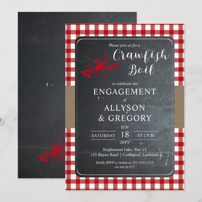 Red Country Checks Crawfish Boil Engagement Party Invitation (Front/Back)